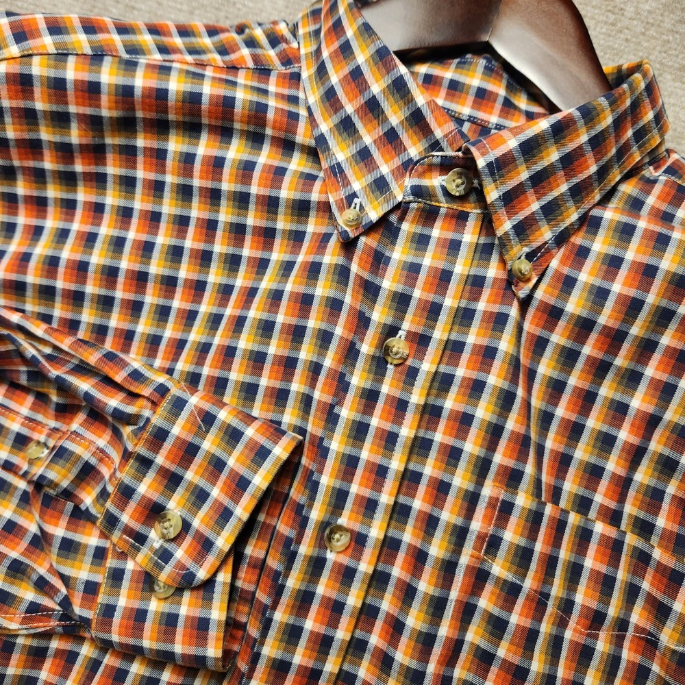 L.L. Bean Plaid Button Down Shirt Mens L Orange Navy Yellow Long Sleeve Pocket